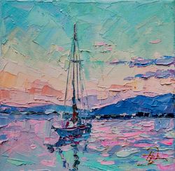 Seascape Painting Oil Canvas Small Artwork 8 / 8 inches Original Painting Impasto Wall Art Sailboat on Sea California by