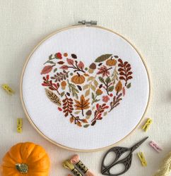 Fall Heart Cross Stitch PDF Pattern - Easy Autumn Hand Embroidery Design