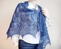 Blue lace shawl, triangle mohair shawl women
