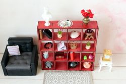 Miniature drawer dollhouse furniture 1:6 scale red bookcase display shadow shelf for BJD doll study library living room