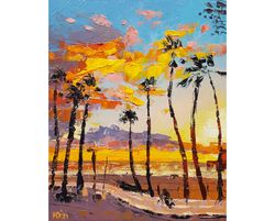 Palm trees original oil painting California Seascape wall art Cloudscape impasto artwork 8"x10" by Dorokhina Natalya
