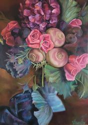 Peonies Painting, Radish Cabbage, Original Oil Painting, Rose Modern Art, Home Painting, Living Room, Wall Decor