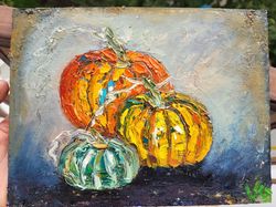 Pumpkins Family Original Oil Painting Artwork Textured Fall Decor Hallowen Home Decor Gift