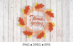Happy Thanksgiving lettering. Wreath of colorful fall leaves sublimation design