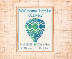 Birth announcement cross stitch pattern Baby cross stitch Hot air balloon Nursery cross stitch Welcome little one