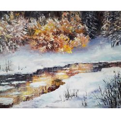 Stream in the winter forest. Oil painting on canvas (canvas on stretcher). Original