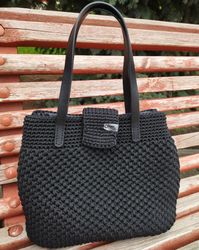 Black polyester cord shopping bag, big bag black, crochet bag, Black bag crochet, handmade,