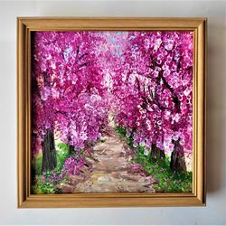 Cherry blossom original painting Landscape texture painting Wall decor japanese garden Floral impasto painting artwork