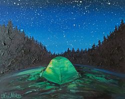 Camping Painting Tent Oil Painting 8 by 10 Starry Night Original Art Forest Artwork Travel Wall Art