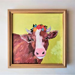 Cow painting Animal painting wall decor Cow flower crown original painting artwork Cute cow portrait impasto painting