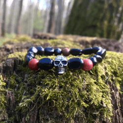 Natural Obsidian and Red Jasper handmade bracelet "Skull power"