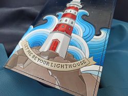 Let me be your Lighthouse, Handmade leather notebook journal sketchbook A5, Hand tooled carved painted leather notebook