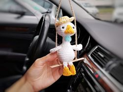 Goose plush, ducky goose on wings with hat, car mirror hanging