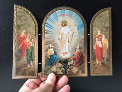 Jesus Christ Resurrection | Russian Orthodox Christian Catholic Icon, Vintage 2000 | Triptych Size: 7 5/16"x10 5/8"