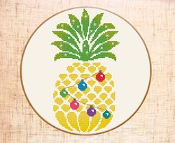 Christmas pineapple cross stitch pattern, Modern Tropical Xmas pattern PDF