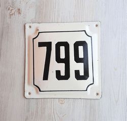 Old Soviet address house number sign 799 - vintage white black enamel metal number plaque