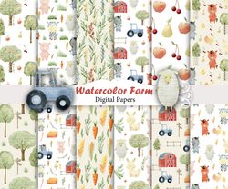 Watercolor Farm paper, farm animals watercolor, nursery, seamless pattern.