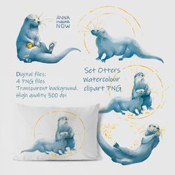 Cute watercolour otters digital clipart png sea river animals print creature