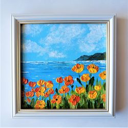 Landscape painting California poppy painting on canvas Ocean textured painting wall decor Coastal painting artwork