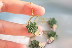 Green moon succulent earrings. Succulent dangle earrings. Plant jewelry.