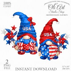 Patriotic Gnome Clip Art. 4th of July Png. Cute Characters. Hand Drawn graphics. Digital Download. OliArtStudioShop