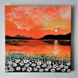 Sunset painting Landscape texture painting Daisies impasto painting floral wall decor Sunset painting canvas art