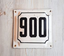 Old Soviet address house number sign 900 - vintage white black enamel metal number plaque