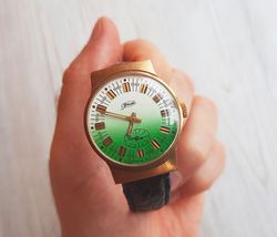 ZIM Pobeda Soviet watch green white dial - wind up mens wrist watch 16 jewels vintage