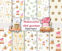 Watercolor chef gnome paper, seamless patterns.