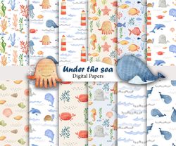 Watercolor sea animals papers, sea life, seamless patterns.