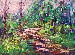 Oil Painting Forest Path Sun Abstract Impasto Art Original Artist Svinar Oksana