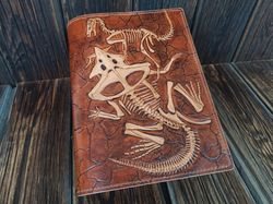 Fighting dinosaurs fossil, Handmade leather notebook, journal, sketchbook A5, Hand tooled, Hand painted, hand stitched