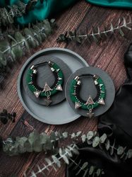 Green tribal ear weights with arrowheads. Viking earrings for stretched ears