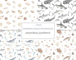 Underwater world. Watercolor seamless pattern. Digital paper with marine animals, fish, algae, corals, shells. Digital