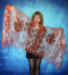 Orange-red embroidered scarf,Russian Orenburg shawl,Knitted cover up,Wool wrap,Wedding stole,Warm bridal cape,Kerchief