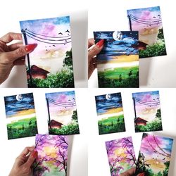 Watercolor Postcard Landscape Holiday Card Printable Watercolor Cards  Set of 4
