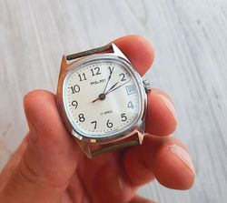 Small wind up mens watch Poljot 17 jewels - Soviet white dial mechanical wrist watch vintage