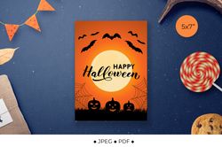 Halloween card with pumpkins, bats and cobweb. Halloween card printable