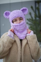 Hand knitted original balaclava puffy winter warm hat with ears Bear with chain ski mask face knitted balaclava purple