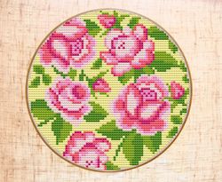 Floral cross stitch pattern Modern hoop art embroidery 5 inch Flower Pink Roses Cross Stitch PDF Instant download