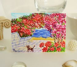 Miniature South Landscape with Cat near the Sea, ACEO, Watercolor