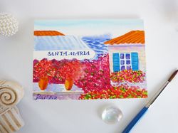 Miniature South Landscape with House near the Sea, ACEO, Watercolor