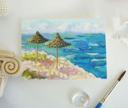 Miniature South Landscape with Umbrellas and Sea, watercolor painting seascape, water, waves, ACEO original