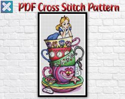 Alice In Wonderland Cross Stitch Pattern / Disney Cross Stitch Pattern / Princess PDF Cross Stitch Chart / Tea Cups