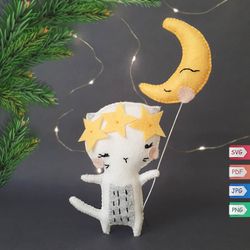 Cat Christmas ornament pattern, white cat stuffed animals and plushies patterns , moon and stars felt pattern