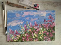 Wildflowers Landscape Original Oil Painting Flowers Artwork 8 by 12" by Aleshkevich