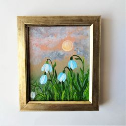 Landscape with snowdrops painting Spring flowers impasto painting Meadow original artwork wall decor Floral painting art
