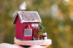 Christmas village house 4" where love lives with a snowman. Small wooden house. Merry christmas gift for wife
