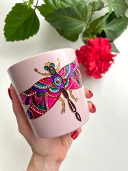 Ceramic pink mug with dragonfly/ hand painted art