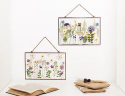 Set of 2 framed pressed flowers, Glass floating frame, Floral wall panel, Flower frame for nursery, College apartment